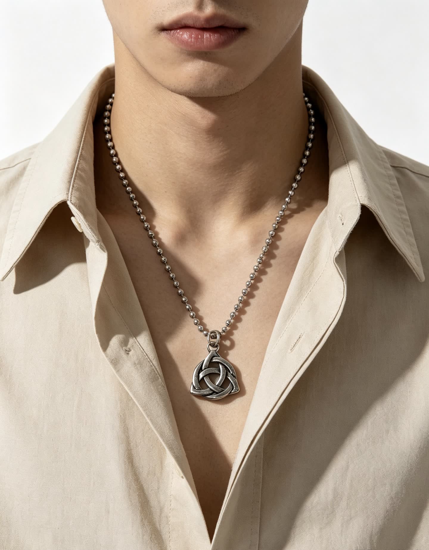 Chrome Hearts Sterling Silver Trinity Knot Pendant with Beaded Chain